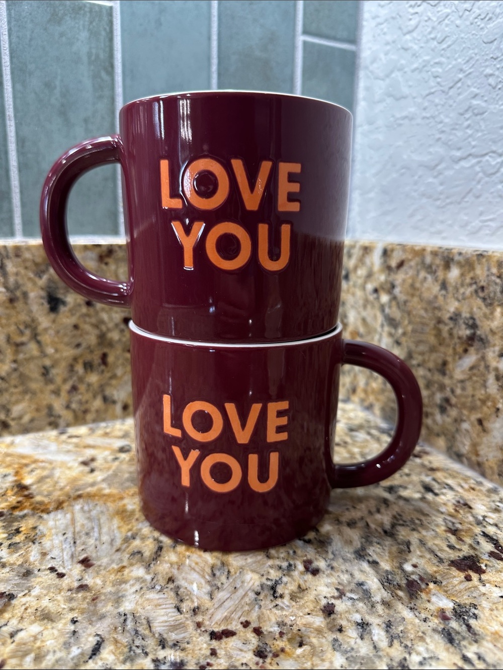 Room Essentials Maroon Mugs with Orange "LOVE YOU" Print - Set of 2
